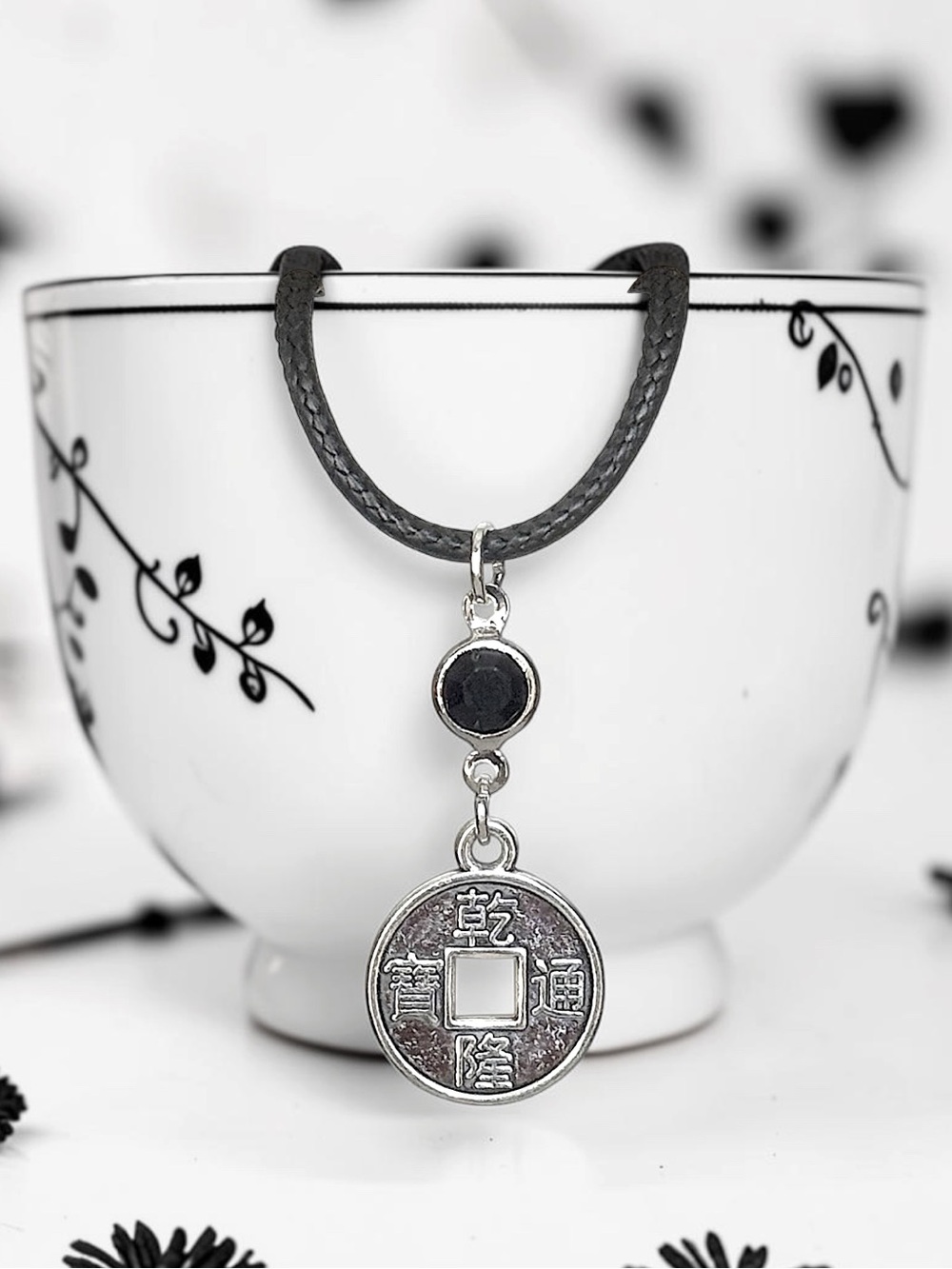 5 For $25💫Silver Turkish Coin Pendant Necklace With a Black Acrylic Gem Accent